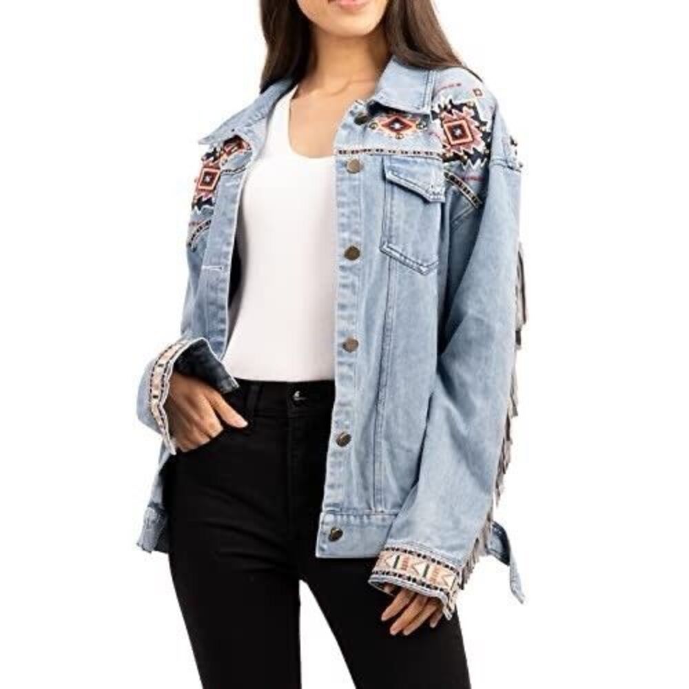 Montana West Delila Fringed Denim Jacket Women’s Size Large